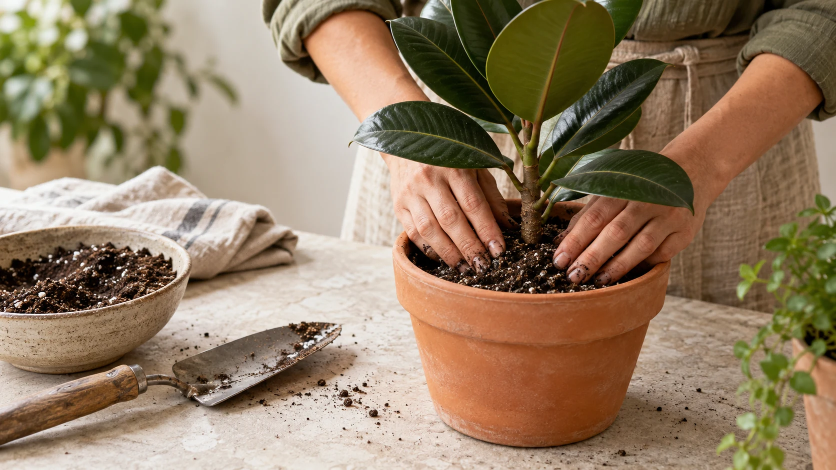Hands gently repotting a plant