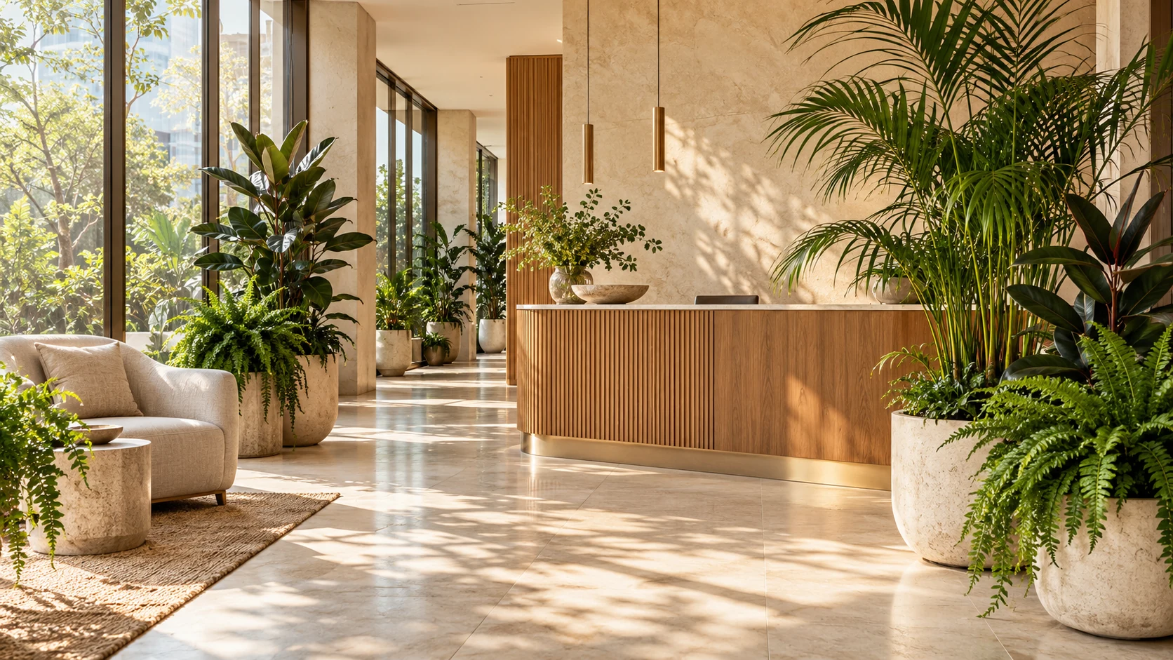 A bright workplace enriched by living plants