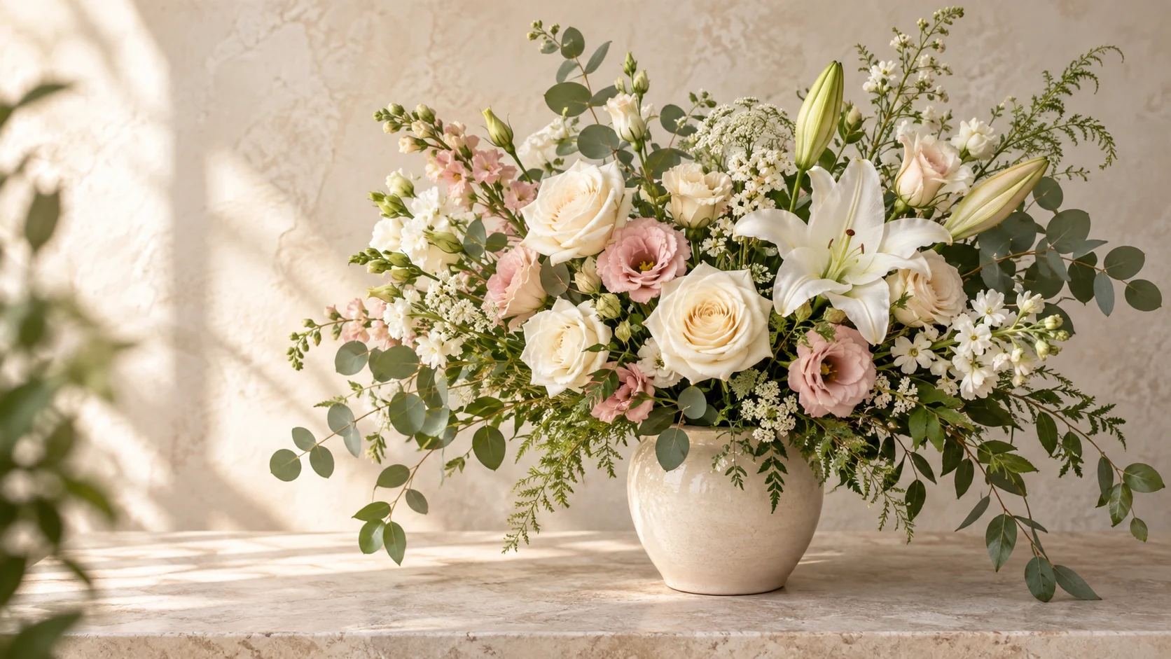 Beautiful seasonal flowers styled in a ceramic vase
