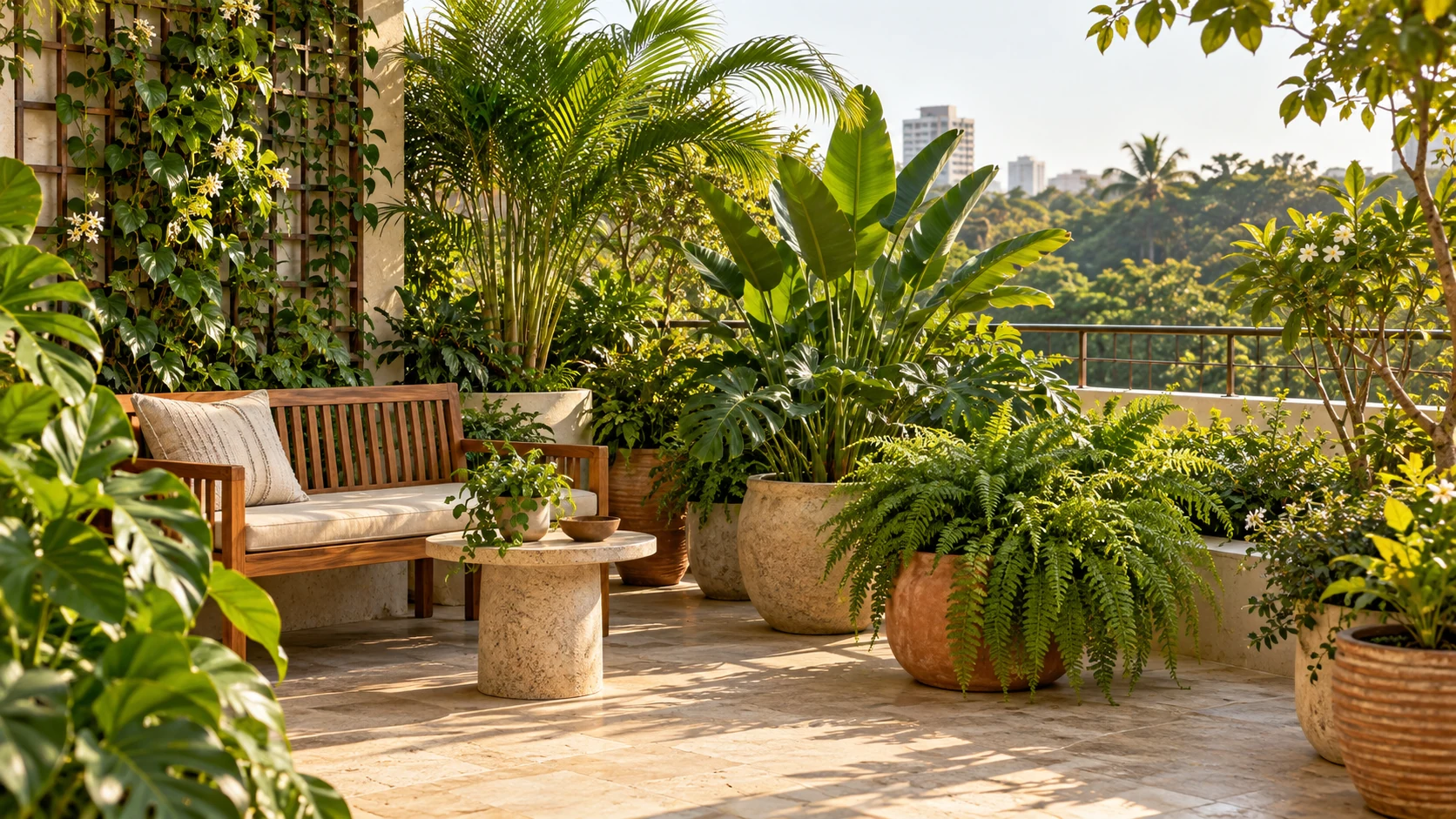 A lush terrace garden with tropical plants and natural planters