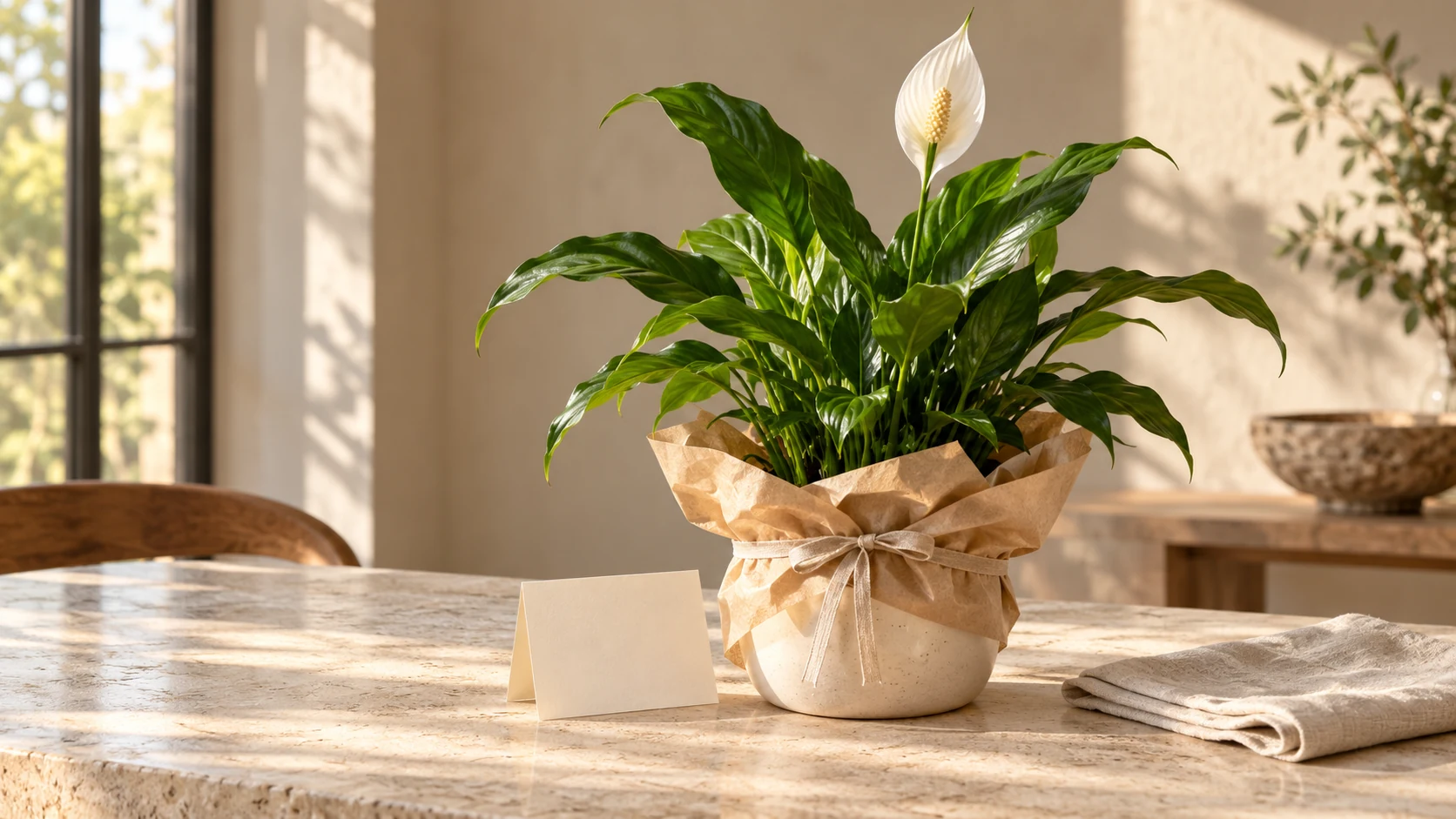 A plant gift wrapped with a blank card